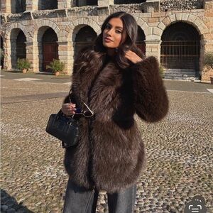 Zara Dark Brown Faux Fur Puffer Jacket